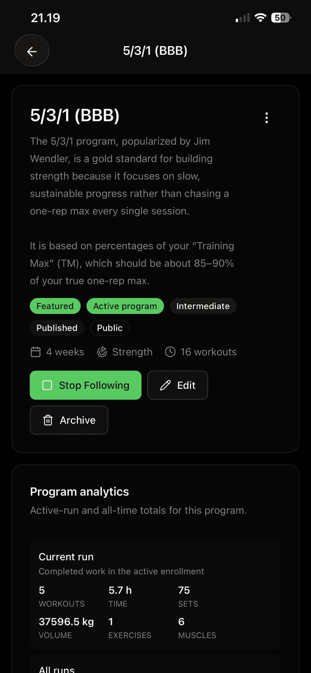 Voima app program details screen showing a selected training plan