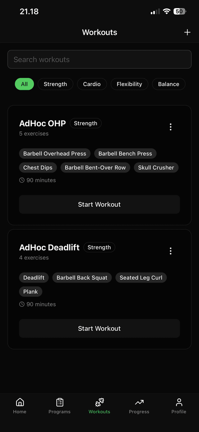 Voima app workouts screen showing saved workout templates